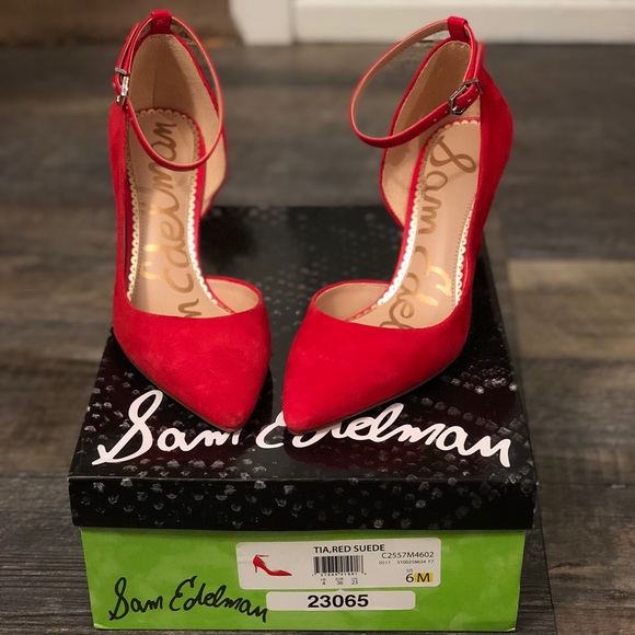 SOLD‼️ Sam Edelman Red Tia Suede Heels - Picture 1 of 7